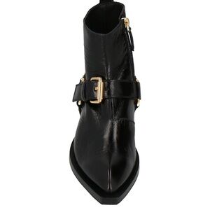 Moschino Black Leather Ankle Booties with Gold Buckle
